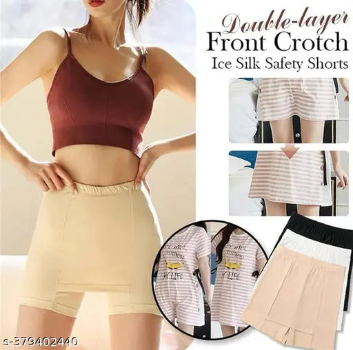 Double-Layer Front Crotch Ice Silk Safety Shorts,Women Seamless Safety Pants for Skirts Dresses | Cover Triangle Area No Trace No Roll Border Naked Buttock Insulation Layer